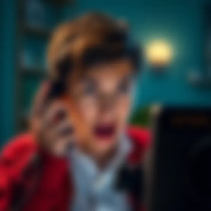 A person looking surprised while answering a phone call with a worried expression.