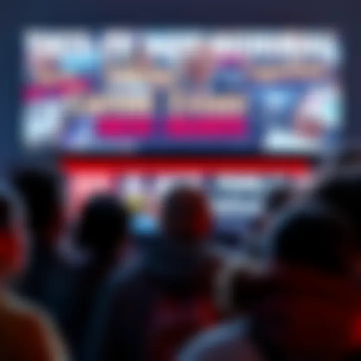 A group of diverse people looking concerned while watching news on a screen that displays alarming headlines.
