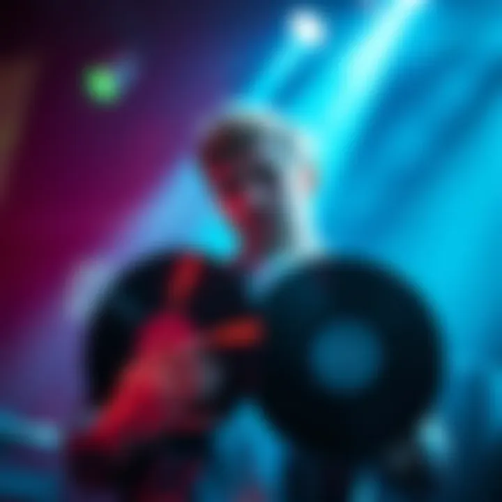 A musician holding two vinyl records, contemplating which track to choose for their album release.