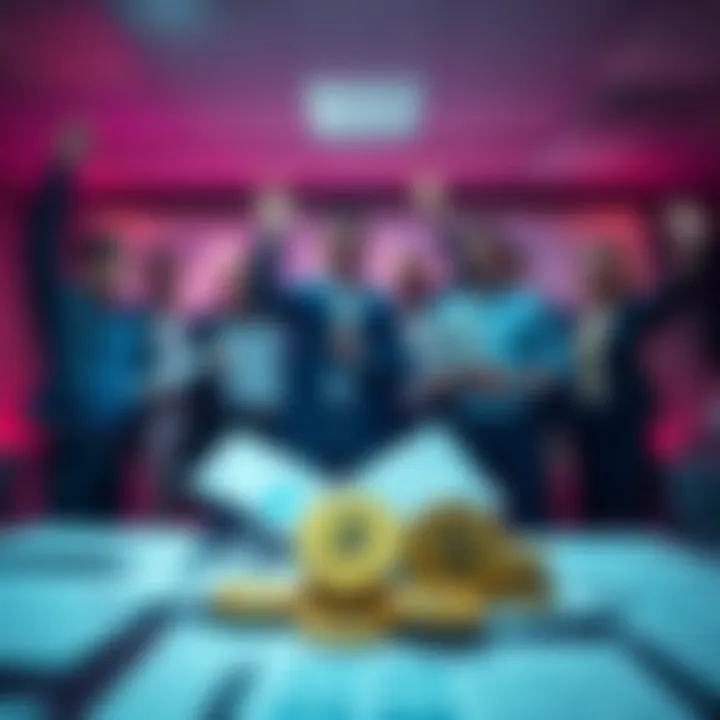 Alchemy Pay's team celebrating the receipt of a money transmitter license in West Virginia, with financial documents and digital currency symbols in the foreground.