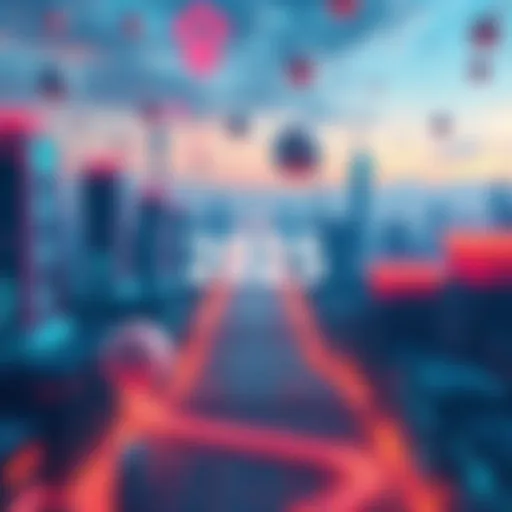 Illustration showing a futuristic city with blockchain elements and symbols representing real-world applications of Algorand technology.