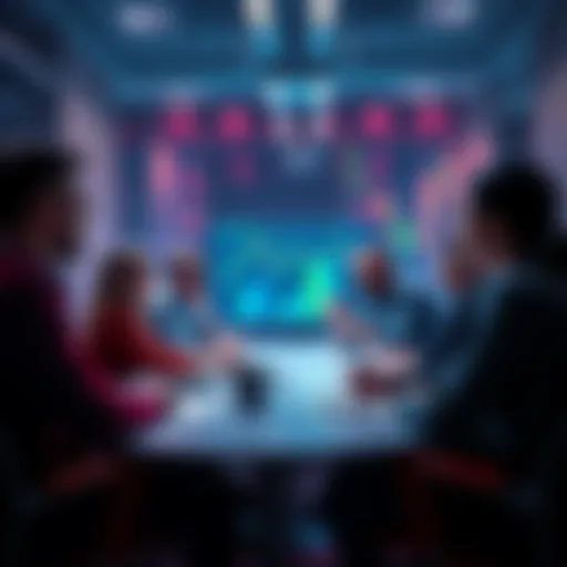 Group of people in a meeting discussing the advantages and challenges of payroll using Algorand and stablecoins