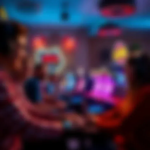Group of gamers enjoying various arcade games together in a lively atmosphere