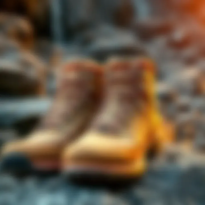 A pair of alpine-style hiking boots with D-ring eyelets and speed hooks resting on a rocky surface