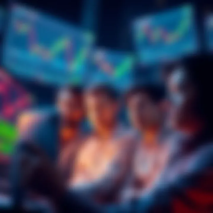 A group of worried investors looking at declining altcoin charts on screens, showing frustration and uncertainty in their expressions.