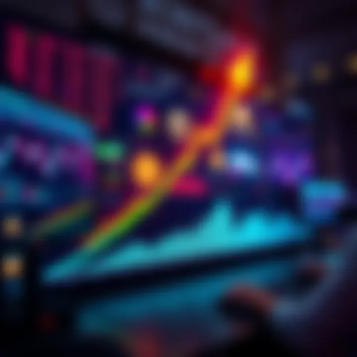 An upward trend graph with altcoin symbols and traders analyzing market data on screens