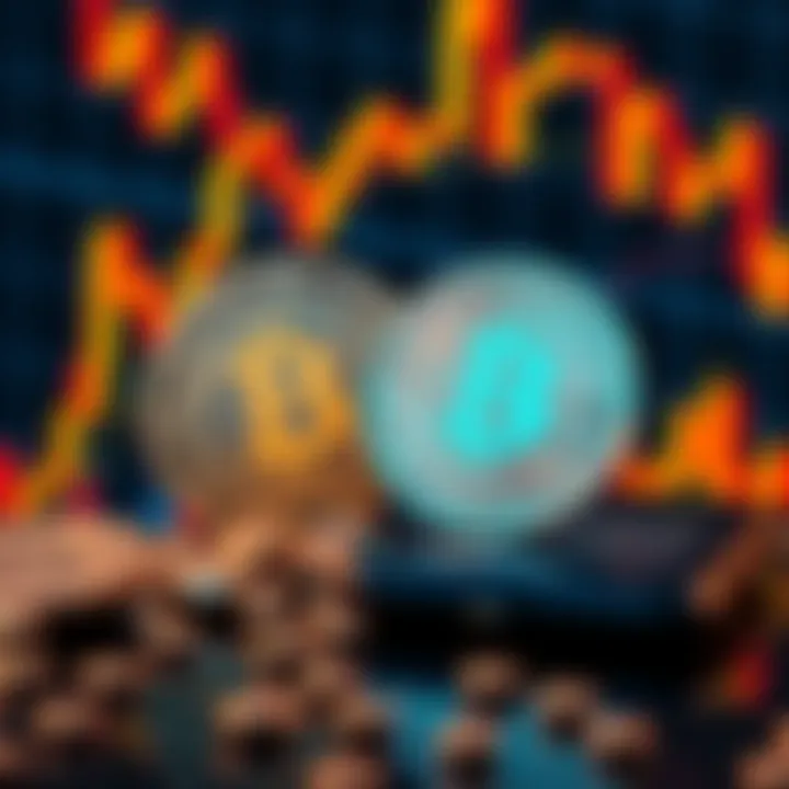 Two contrasting coins representing the benefits and risks of altcoins in cryptocurrency, surrounded by fluctuating market graphs.