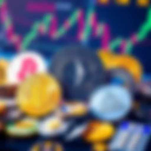 A collection of various cryptocurrency symbols including ETH and ADA with a background of price charts and market trends.