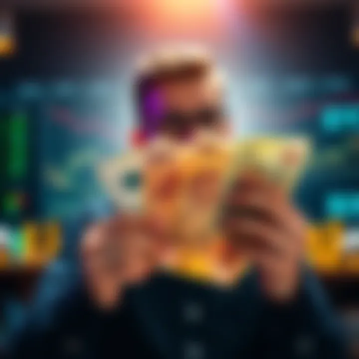 A person looking at various investment options like gold, real estate, and stocks while holding depreciating currency notes in hand.