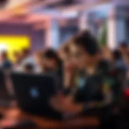 A diverse group of people collaborating on laptops at the Amazon HackOn event, focused on coding and brainstorming.