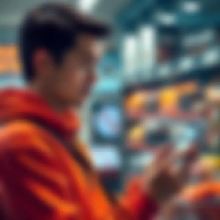 A person using the Revolut app to shop on Amazon, comparing prices while looking concerned about potential higher costs.