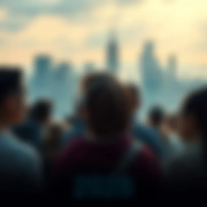 A diverse group of people looking towards a skyline representing future possibilities in America
