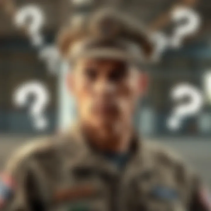 A digital representation of an American airman in uniform, surrounded by question marks and a blurred background suggesting debate and intrigue.
