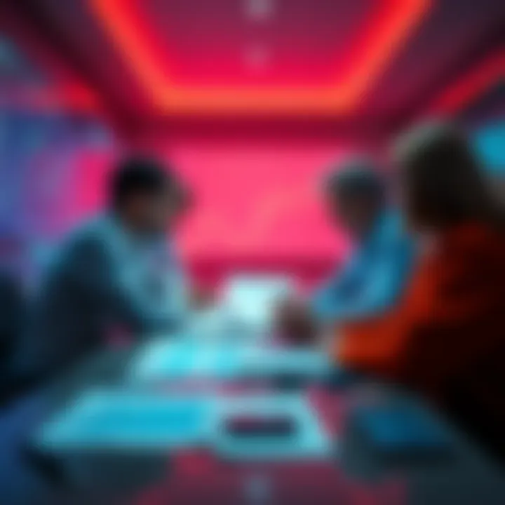 A group of analysts reviewing charts and data on price forecasts in a meeting room.