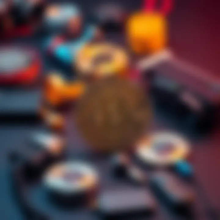 Anchoring Bitcoin to Physical Items A visual representation of Bitcoin coins connected to various physical items, like collectibles and gadgets.