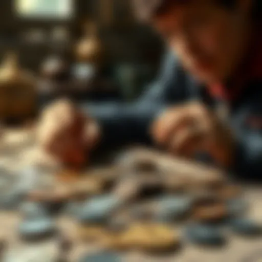 A novice collector examining a group of ancient coins spread out on a table, with some coins identified and others yet to be researched.