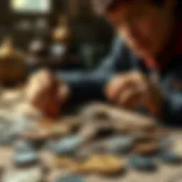Ancient Coins Collection A novice collector examining a group of ancient coins spread out on a table, with some coins identified and others yet to be researched.