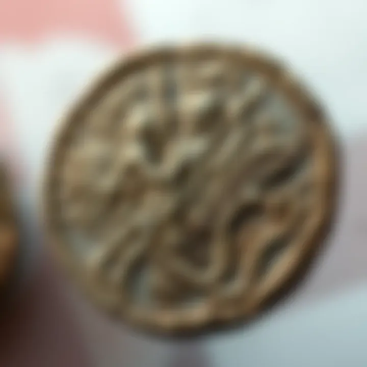 Ancient Coin Depicting Battle Scenes A close-up of an ancient coin featuring a detailed battle scene, showcasing soldiers and armor from the era of Marc Antony to Vespasian.