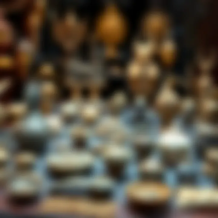 A close-up view of various ancient artifacts arranged on a display table, showcasing their unique designs and textures.
