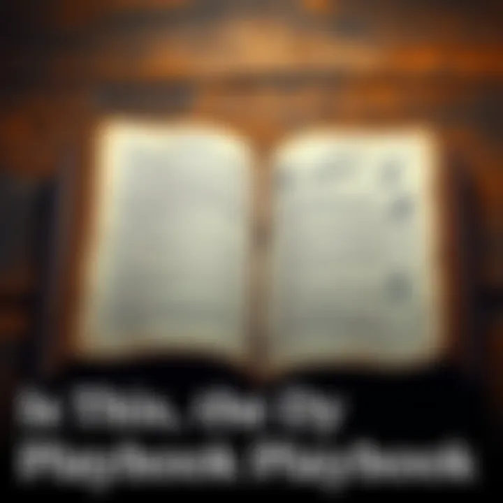 An open, aged playbook displaying faded text and hand-drawn illustrations of strategies.