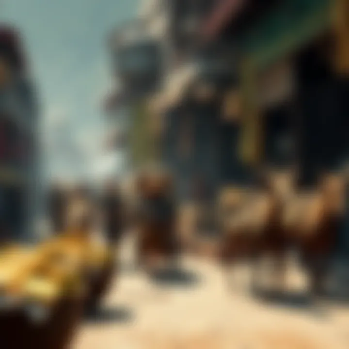 Ancient Wealth Transport Methods A historical scene showing people using traditional carts and animals to transport gold and goods in a busy market setting.