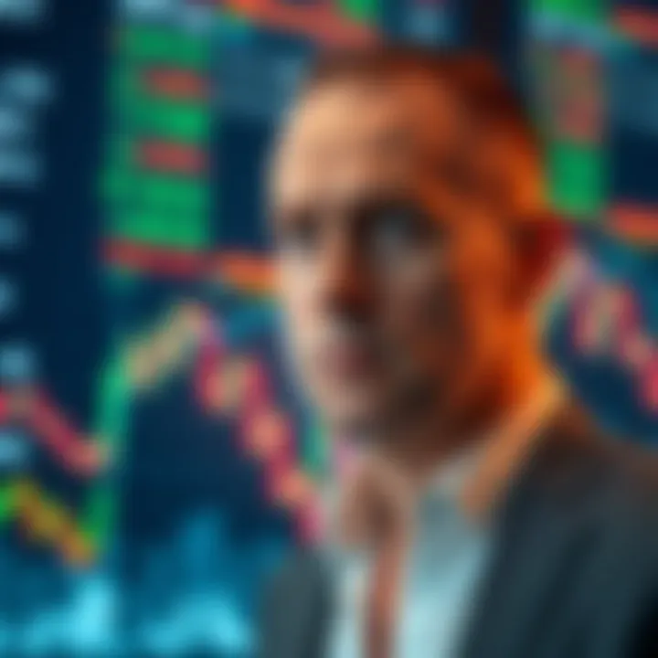 Andrew Tate looking concerned as he analyzes stock market graphs showing downturn, representing his 84th trading loss in crypto