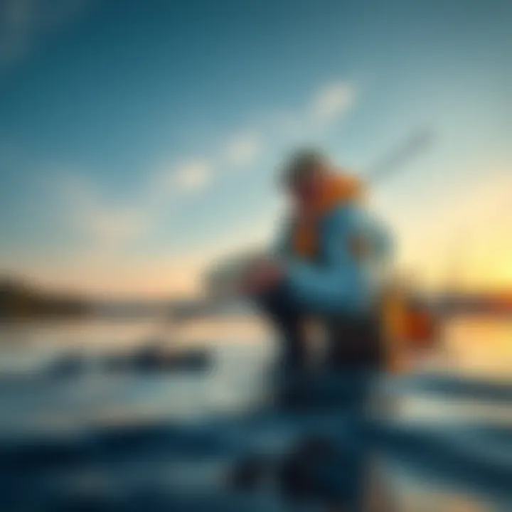 Angler with Fishing Tools A fisherman using modern tools to catch fish on a lake, showcasing the debate between traditional and tool-assisted fishing methods.