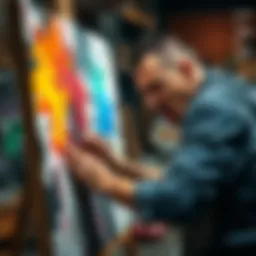 Angry Artist at Work An artist passionately painting on a canvas, using bold strokes and vibrant colors to express intense emotions.