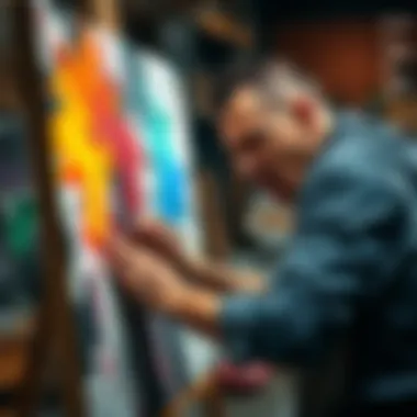 Angry Artist at Work An artist passionately painting on a canvas, using bold strokes and vibrant colors to express intense emotions.