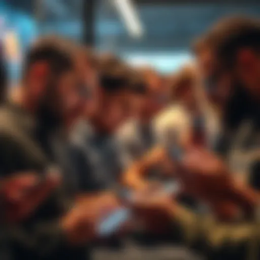A group of frustrated individuals typing angrily on their phones about online threads