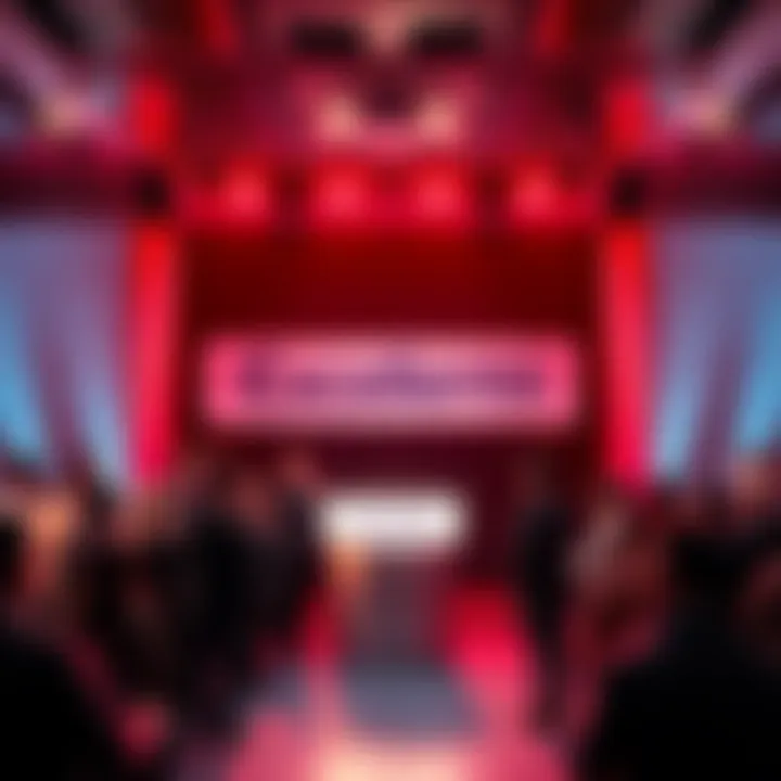 A group of people gathered around a podium with a banner saying 'Excelente' during a major announcement event.