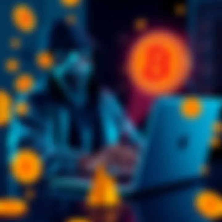 A person using a laptop to purchase Bitcoin without revealing their identity, surrounded by financial symbols