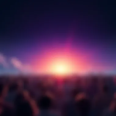 A crowd of people looking towards a bright horizon, symbolizing hope and upcoming changes.