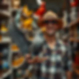 A vacationer holding a decorative spitting eagle sculpture discovered in a thrift store, with shelves of other items in the background.