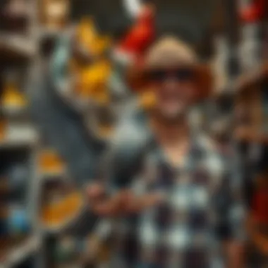 A vacationer holding a decorative spitting eagle sculpture discovered in a thrift store, with shelves of other items in the background.