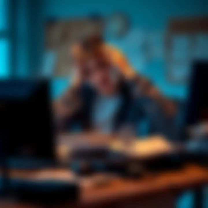 A 19-year-old looking stressed at their desk, holding their head in their hands, surrounded by paperwork and a computer screen.