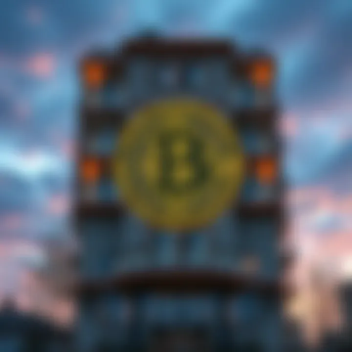 An apartment building with a large Bitcoin symbol in front, representing the discussion of future prices in Bitcoin.