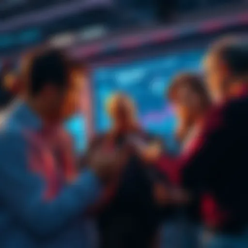 Group of people discussing the future of a mobile app, looking at devices and charts