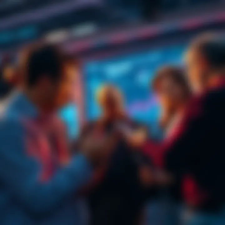 Group of people discussing the future of a mobile app, looking at devices and charts