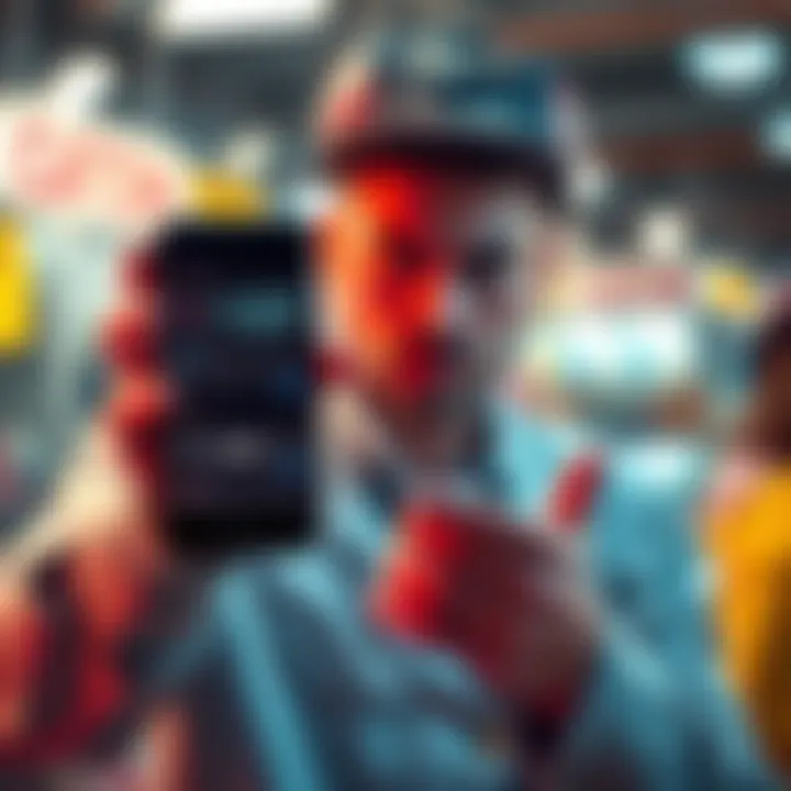 App malfunction causes auction issues A frustrated person using a malfunctioning auction app on a smartphone, showing error messages on the screen