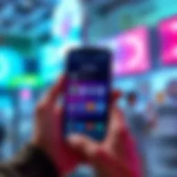 App Features Overview A smartphone displaying an app's interface with icons showing various features, surrounded by user reviews and ratings.