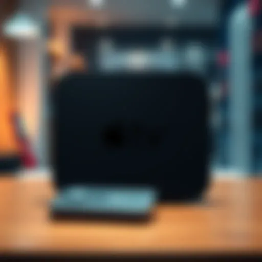 A sleek new model of Apple TV showcasing a modern design with a 4K display and remote control on a wooden table