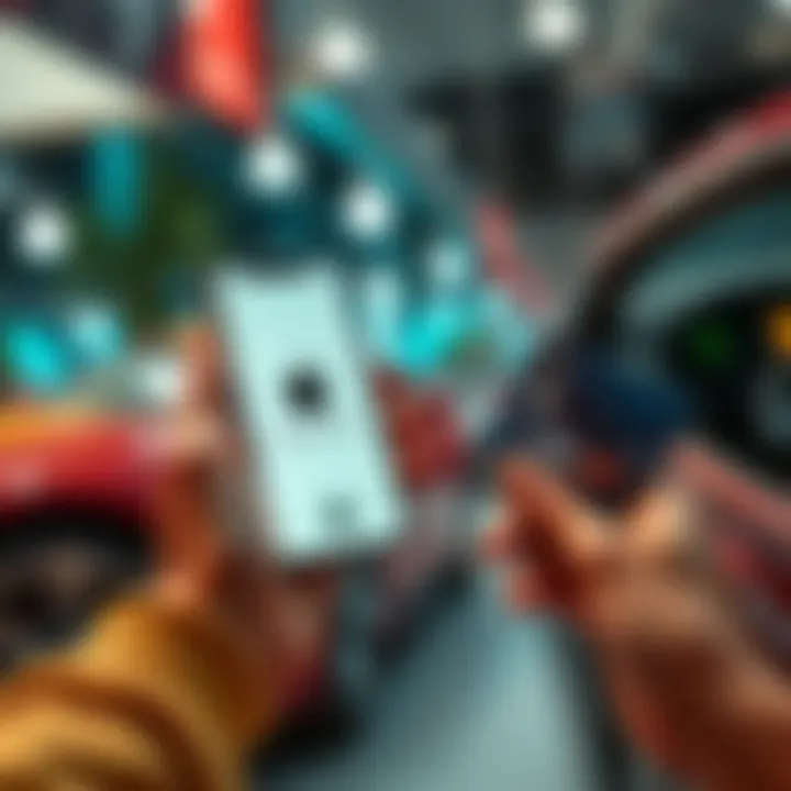 Using Apple Pay for Car Purchase A person holding a smartphone displaying Apple Pay while standing next to a new car, with a Revolut card visible in their hand.