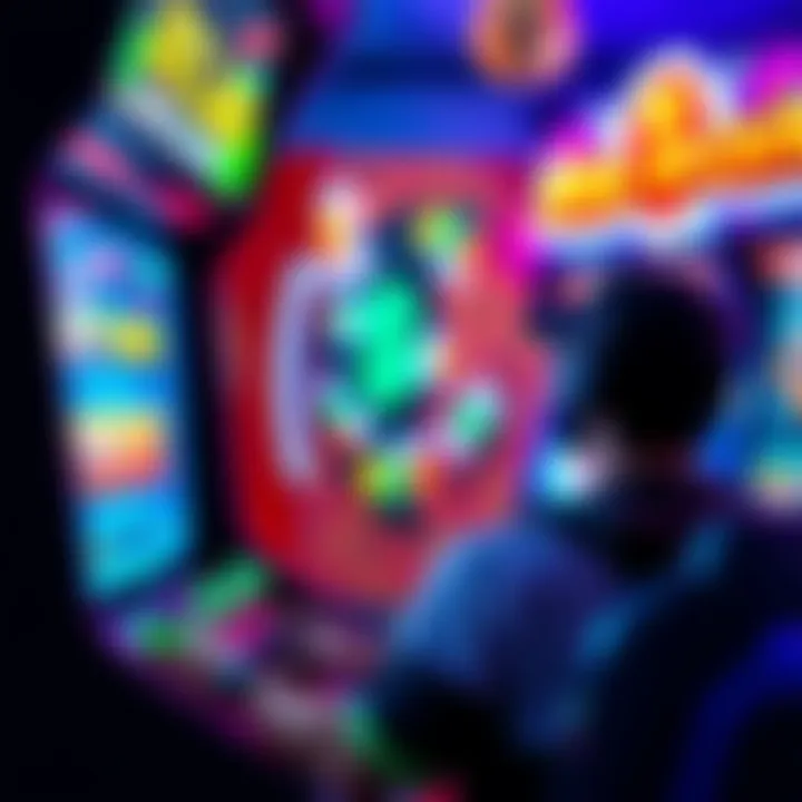 Person playing video games at arcade A gamer focused on the screen, playing a colorful arcade game with virtual currency on display and vibrant graphics in the background.