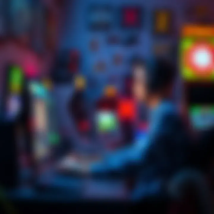 A gamer checking their computer for updates on arcade completion credit while surrounded by gaming memorabilia.