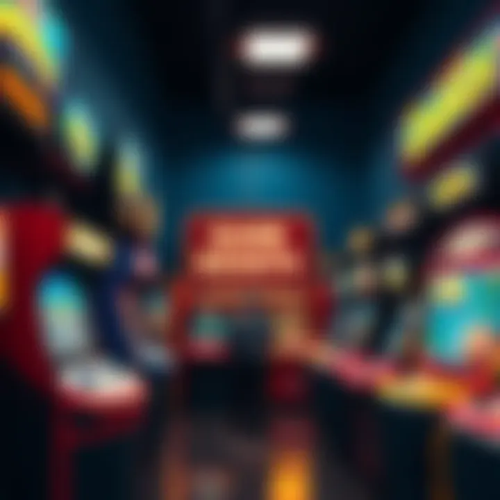 A vibrant arcade with various game machines and a sign indicating game boosts happening frequently