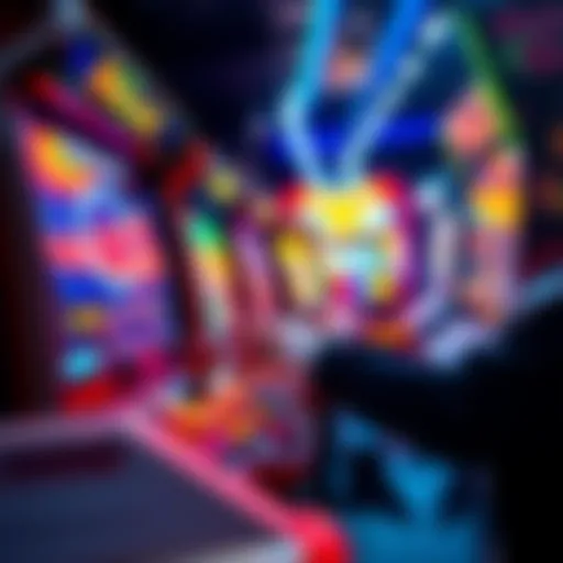 A person playing an arcade game with colorful graphics on screen and joystick in hand