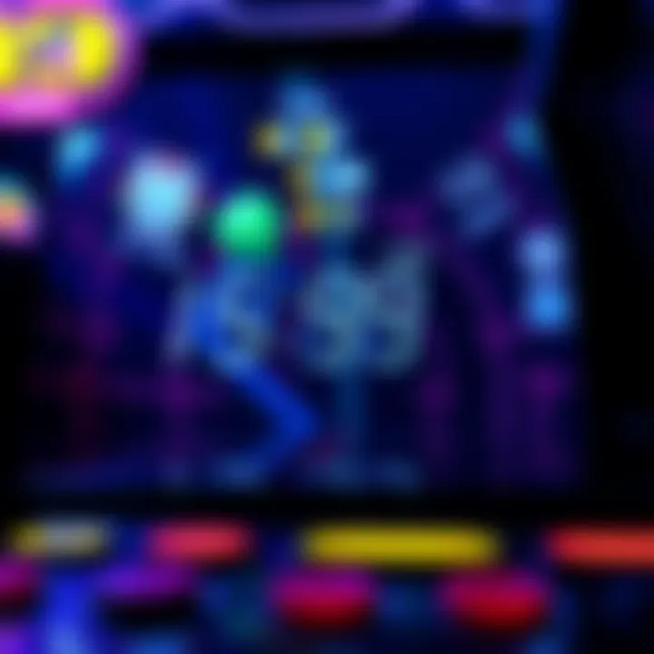 A close-up view of an arcade game screen showing a timer counting down in hours and minutes, with vibrant game graphics in the background.