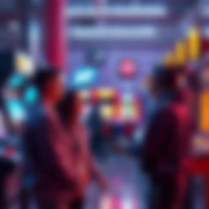 A group of players discussing arcade rewards at a gaming center, with various arcade machines in the background.