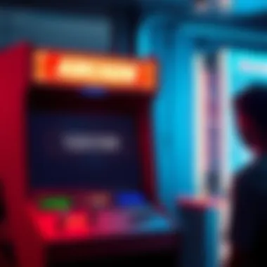 Arcade System with Error Message An arcade machine displaying an error message indicating no games available, with a concerned person looking at the screen.